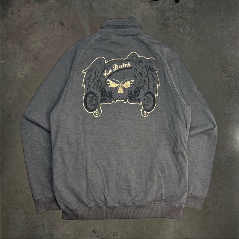 Vintage Y2K Von Dutch Skull Biker Full Zip Up Sweatshirt Grey